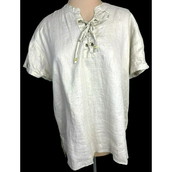 Ellen Tracy Womens XL Beige Linen Short Sleeve Lace-Up Blouse Top - Picture 1 of 9